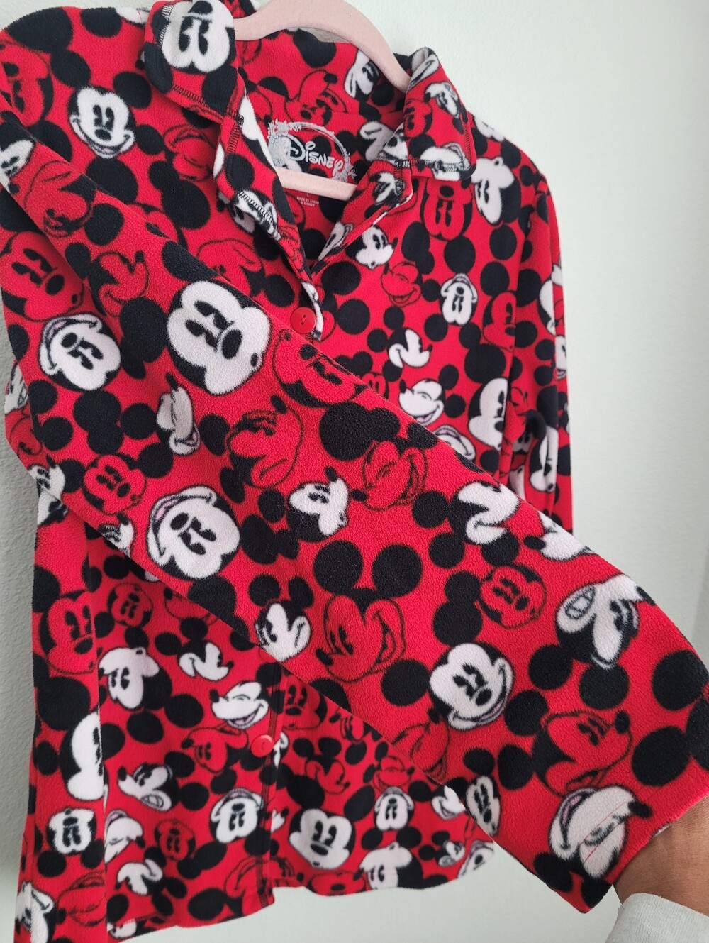 Disney Mickey Mouse Fleece Button Down Pajama Top Red Black L Loungewear Cozy - Picture 2 of 6